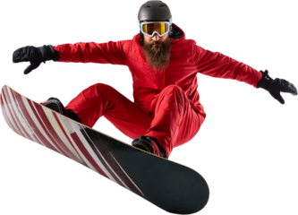 Bearded Snowboarder in Red Jumpsuit Executing an Aerial Snowboarding Trick