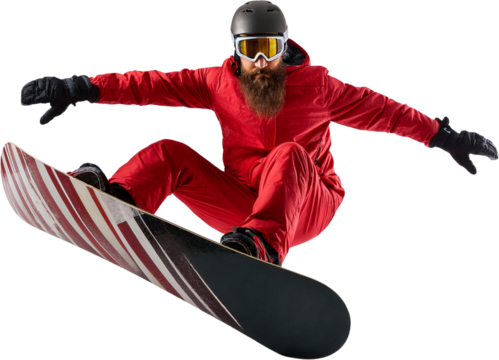 Bearded Snowboarder in Red Jumpsuit Executing an Aerial Snowboarding Trick