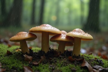 Fototapeta premium A Group of Mushrooms Are Sitting in the Grass in the Rain - Generative AI