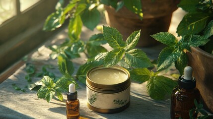A vintage tin of peppermint salve displayed with fresh leaves and essential oils, styled in a traditional setup