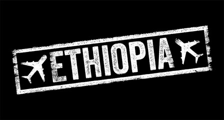 Ethiopia - located in the Horn of Africa, is a landlocked country known for its rich history, diverse culture, and stunning landscapes, text emblem stamp with airplane