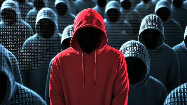 The central figure in a red hoodie appears in a crowd of dark-hooded forms, with the shadows of the figures interwoven with faint streams of binary code to highlight privacy concer