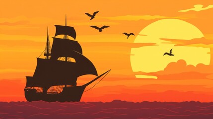 Silhouette Ship Sunset Seascape