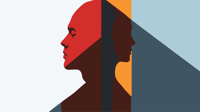 The image is a minimalist, abstract illustration featuring two profile views of a human head.  One profile is predominantly red, while the other is a darker, muted brown/red. They are separated by