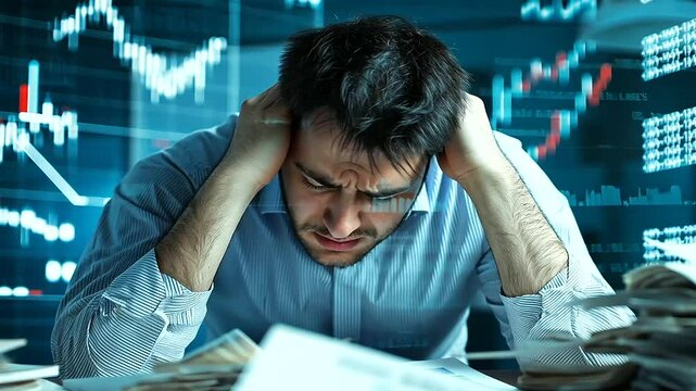 A dimly lit office with a man slouched over his desk, engulfed by piles of unorganized papers and receipts