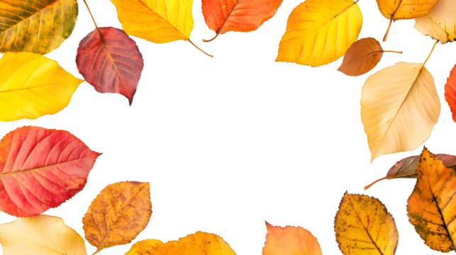 Vibrant autumn leaves creating a decorative frame on a transparent background, perfect for fall-themed designs