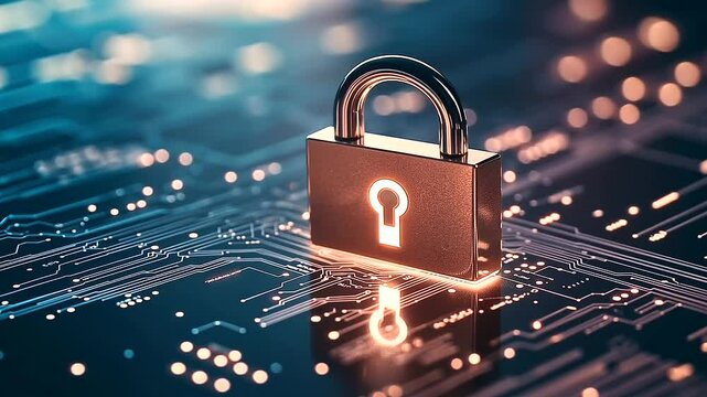 A glowing digital padlock floating in front of a futuristic circuit board background, symbolizing cybersecurity and the protection of sensitive data.