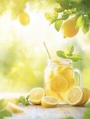 Refreshing summer lemonade in a jar outdoor setting realistic photo bright environment close-up view
