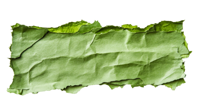Wrinkled green paper fragment with transparent backdrop, serving graphic design and collage creative needs