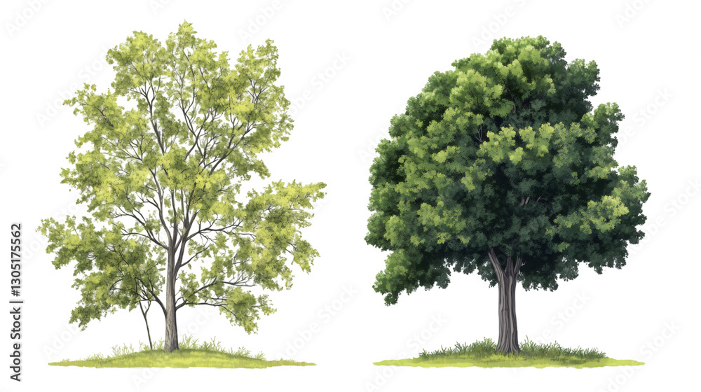 Poster contrasting deciduous trees showing seasonal leaf color transformation against transparent isolated 