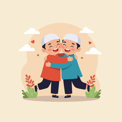 Cartoon Boys Hugging Each Other Symbolizing Friendship and Festive Celebration