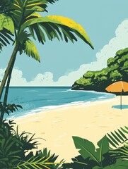 Obraz premium Serene summer beach scene tropical paradise digital coastal vibes wide angle tranquil escape