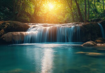 Tranquil Waterfall in Lush Green Forest Surrounded by Sunlight and Reflections on Clear Blue Water