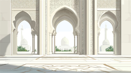 Obraz premium The image showcases a detailed architectural rendering of a building entrance featuring multiple pointed Islamic arches. The arches are symmetrical and create a sense of depth leading to a