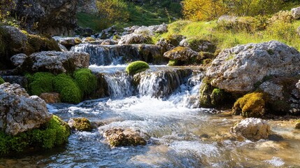 Fototapeta premium Water cascades over smooth stones in a tranquil mountain stream, with lush green moss and foliage adorning the banks. The scene captures the beauty of nature's harmony