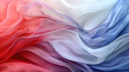 Obraz premium Soft, translucent layers of fabric in red, white, and blue blend together in flowing waves. The interaction of light emphasizes the delicate texture and color gradation