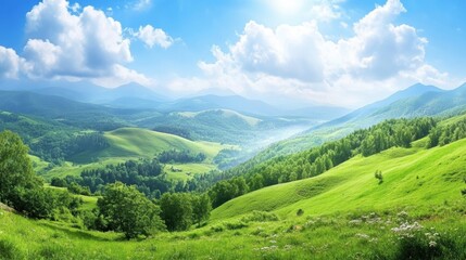 Fototapeta premium Summer green landscape serene valley realistic photo lush environment panoramic view nature's beauty