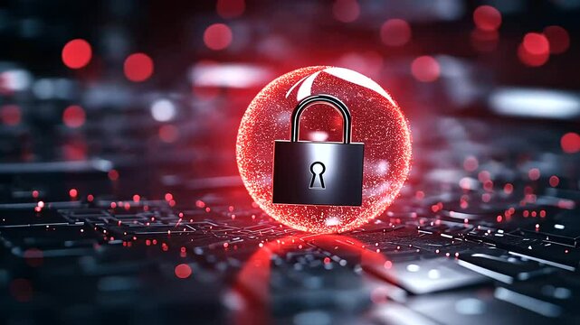 A high-tech padlock surrounded by glowing particles and a translucent sphere, symbolizing impenetrable data security.