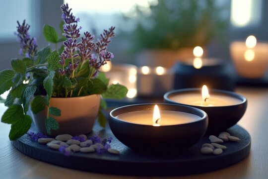 Peppermint and lavender oils arranged with candles and spa elements, calming and elegant