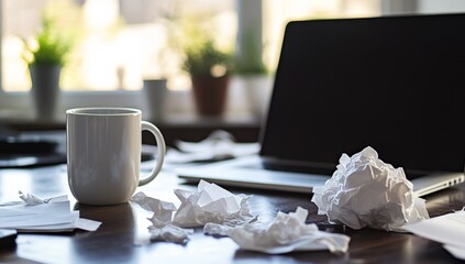 Home office desk cluttered with crumpled papers