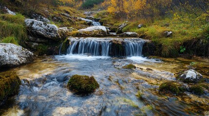 Fototapeta premium A tranquil mountain stream flows gently over smooth rocks, surrounded by vibrant autumn foliage. The sound of water splashing enhances the peaceful atmosphere in nature