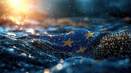 Bright sunlight filters through droplets above vibrant ocean waves, highlighting the European flag submerged in deep blue water. The moment captures a serene yet powerful representation of unity