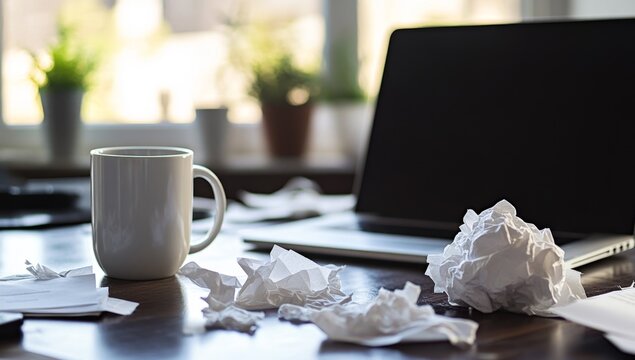 Home office desk cluttered with crumpled papers