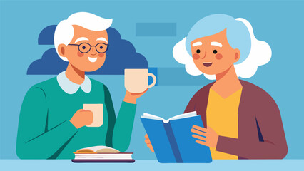 Two elderly tutors sharing a cup of tea while discussing different teaching techniques to help their students learn a new language more effectively.. Vector illustration