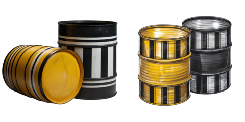 Yellow and Black Industrial Barrels with Striped Design Isolated on Transparent Background PNG