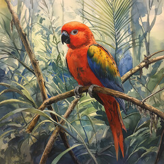 Colorful vibrant watercolor style parrot perched on a branch with a suggested jungle background.