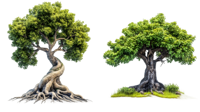 Majestic trees with gnarled trunks and lush green leaves standing isolated against transparent backdrop, providing graphic design flexibility