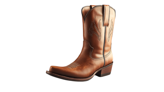 Single brown leather cowboy boot, western style.