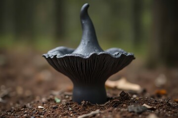 Fototapeta premium A Close up of a Black Mushroom Sitting on the Ground - Generative AI