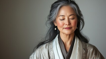 Fototapeta premium A woman with long gray hair sits peacefully, eyes closed, wearing a silky robe. The calm atmosphere reflects tranquility and mindfulness, inviting reflection and stillness
