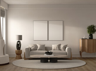 Modern classic living room interior with lots of space, white fireplace with soft sofa, vintage chest of drawers, coffee table with decor on round carpet. 3D visualization. 3D illustration
