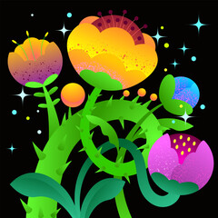 Bright and vibrant fantasy flowers with thorny stems and colorful blossoms. Surreal, abstract botanical illustration perfect for backgrounds, posters, digital art, and decorative designs