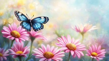 Fototapeta premium Enchanting butterfly amidst vibrant daisies summer garden digital nature close-up serenity