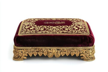 A richly designed Quran holder with deep velvet, gold embossing, and Islamic calligraphy isolated on a white background