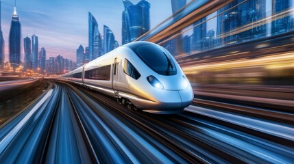 High-Speed Train in Motion  A sleek high-speed train zooming along tracks in a futuristic city.