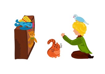 a boy plays with a kitten, a pigeon sits on the child's head, there is a cabinet with toys and a book nearby