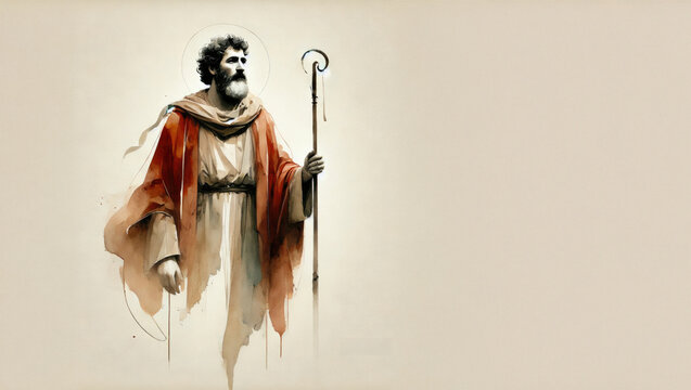 A solemn depiction of Saint James with a staff, representing his journey of faith.
