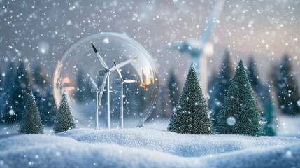 Snow globe wind turbines winter forest