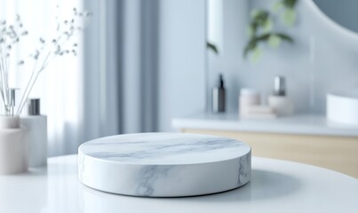 Displaying Marble Product on White Table in Modern Bathroom Setting