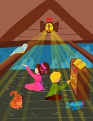 Children with animals and toys in the attic, a Bible on the closet, light shining from a window with a cross