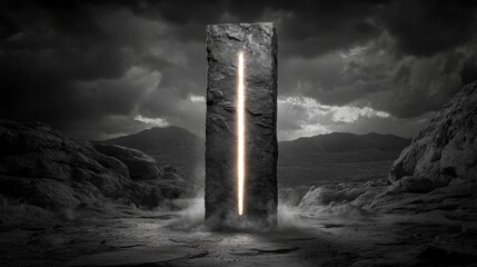 Monochromatic landscape featuring a tall, dark stone monolith with a glowing vertical line. Stormy sky, rocky terrain. Mysterious, powerful atmosphere.