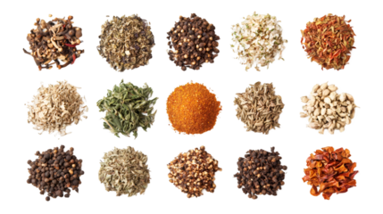 Fifteen piles of different spices forming a collection isolated on transparent background, top view
