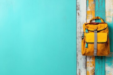 Bright Yellow Backpack Against Turquoise Wooden Background for Travel and Adventure Themes