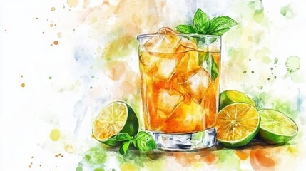 Fototapeta premium Refreshing summer iced tea vibrant colors watercolor art relaxing atmosphere artistic perspective