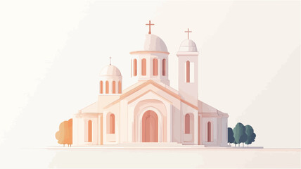 A digital illustration of a church building rendered in a stylized, low-poly 3D model. The church is predominantly white with pastel peach accents, featuring multiple domes, a central steeple with