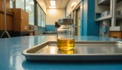 Amber glass vial on tray in laboratory setting, scientific research environment, focus on liquid sample